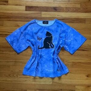 90s Vintage Blue Tie Dye Pattern Cat Lady T Shirt Size L Butterfly Kitschy 90s